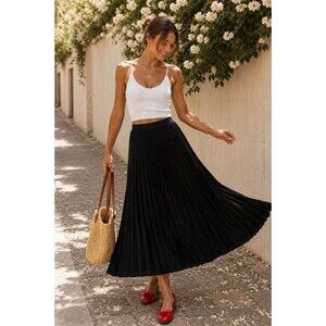 DR2 Black Pleated Accordian Midi Skirt Large Elastic Waist Flowy Minimalist